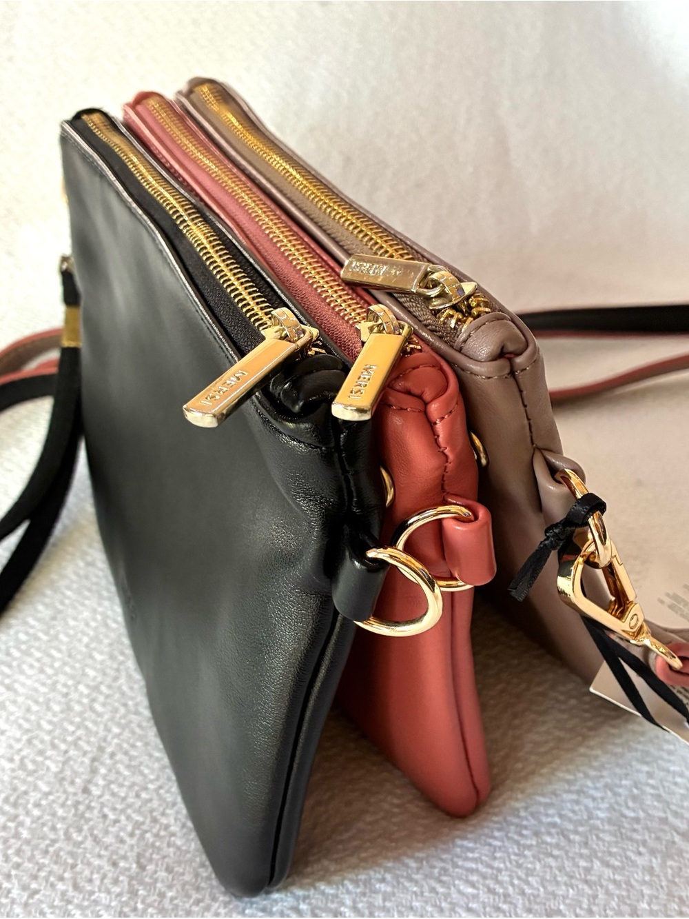 Three-Piece Vegan Leather Crossbody Set in Black, Coral & Taupe NWT
